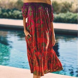FARM Rio Red & Green Off-Shoulder Midi Dress